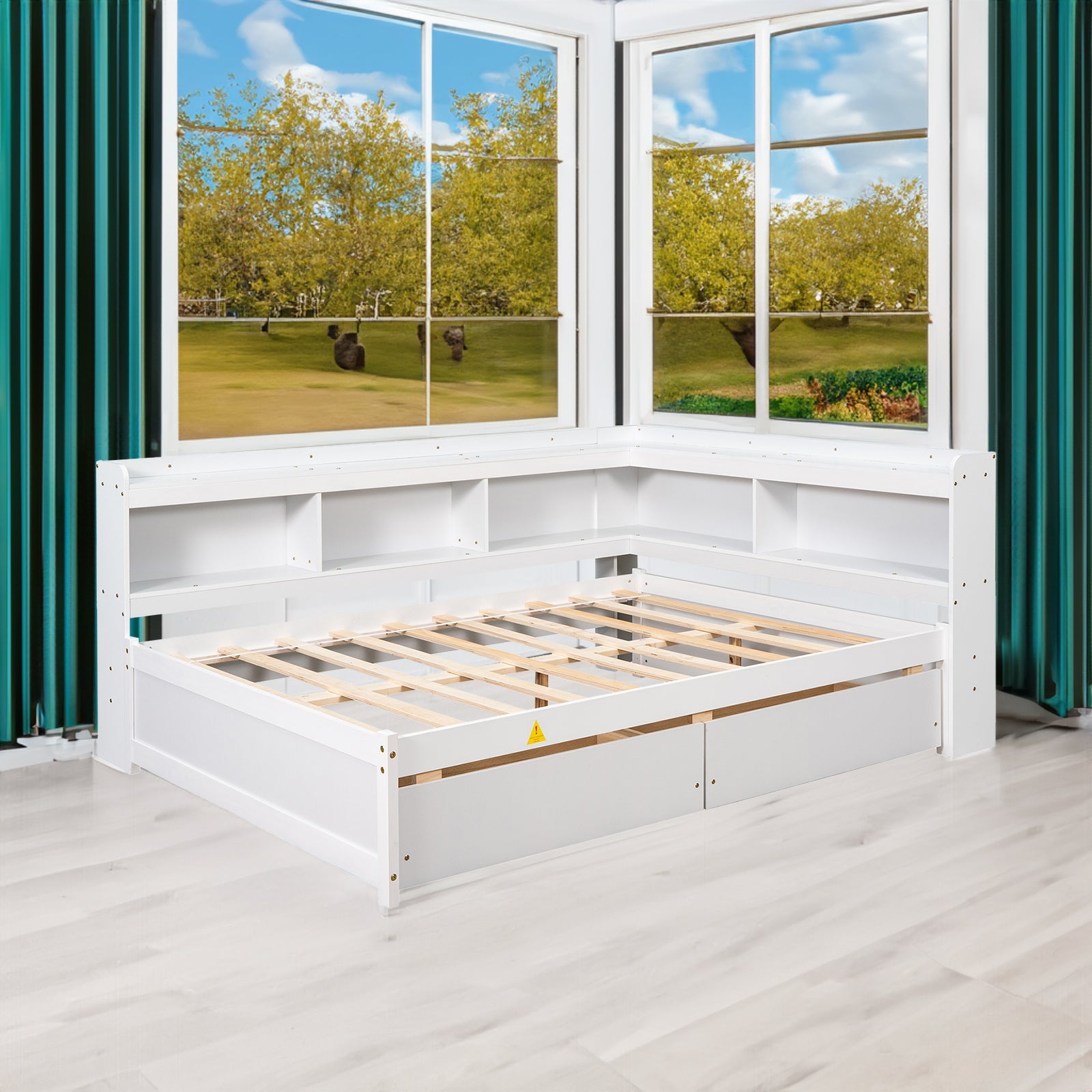 Full Bed with L-shaped Bookcases, Drawers ,White - Tampa Home & Garden Store