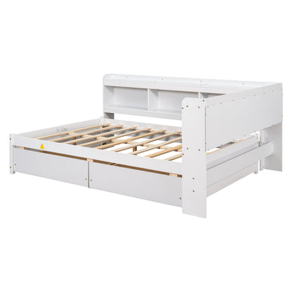Full Bed with L-shaped Bookcases, Drawers ,White - Tampa Home & Garden Store