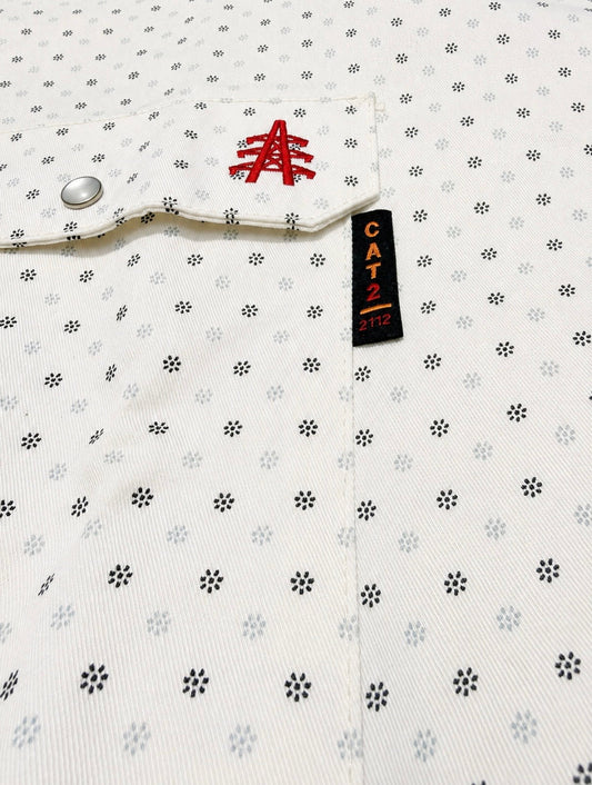 Static FR Pearl Snap Work Shirt Phantom White with subtle black floral print on Tampa Home & Garden Store