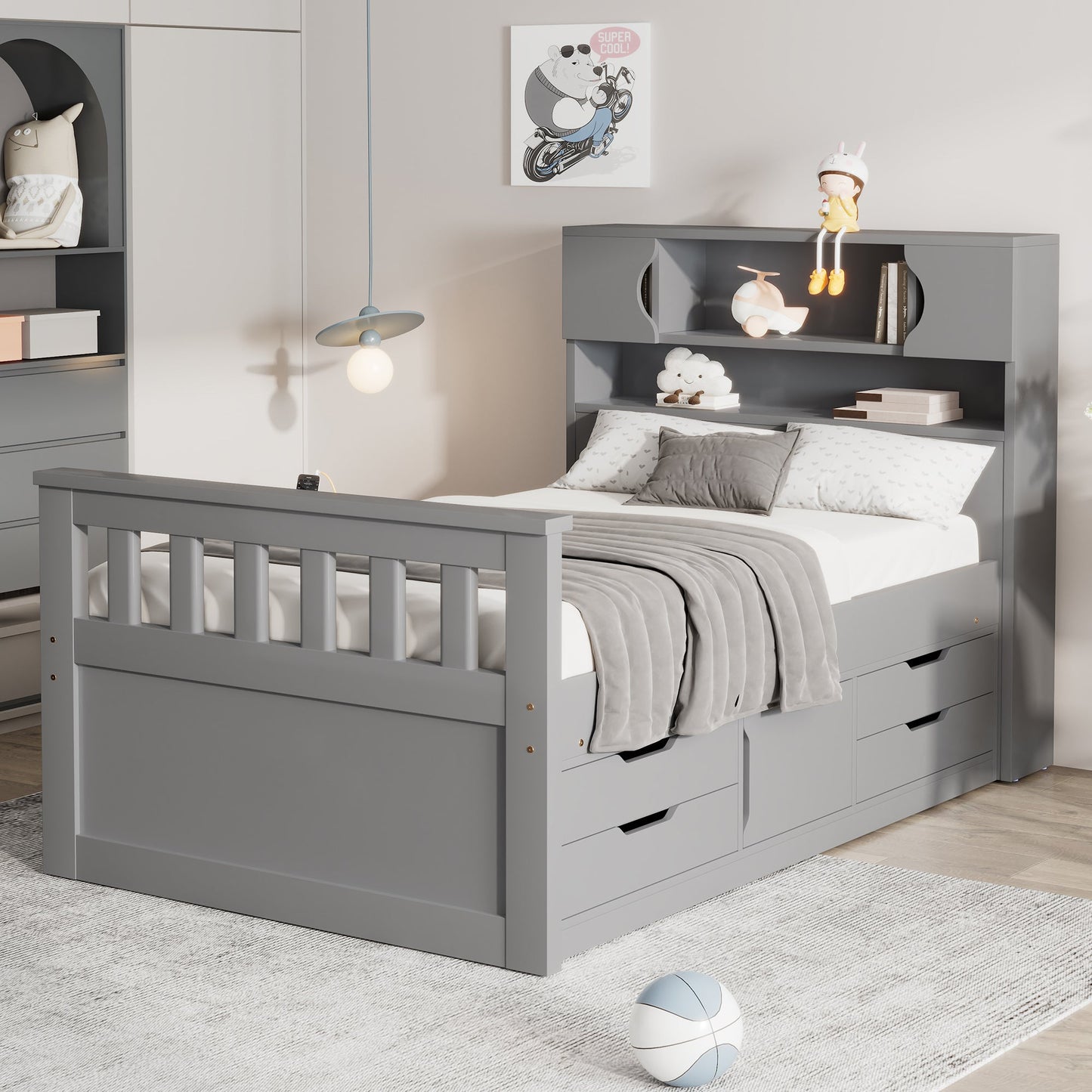 Twin Size Captain Platform Bed Frame with Storage Bookcases and Shelves,Four Drawers, Gray - Tampa Home & Garden Store