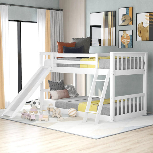 Twin Over Twin Bunk Bed With Slide and Ladder white frame with built-in ladder in kids room on Tampa Home & Garden Store