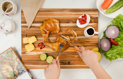Teak cutting board natural solid wood 18-inch kitchen board with roasted chicken on counter on Tampa Home & Garden Store