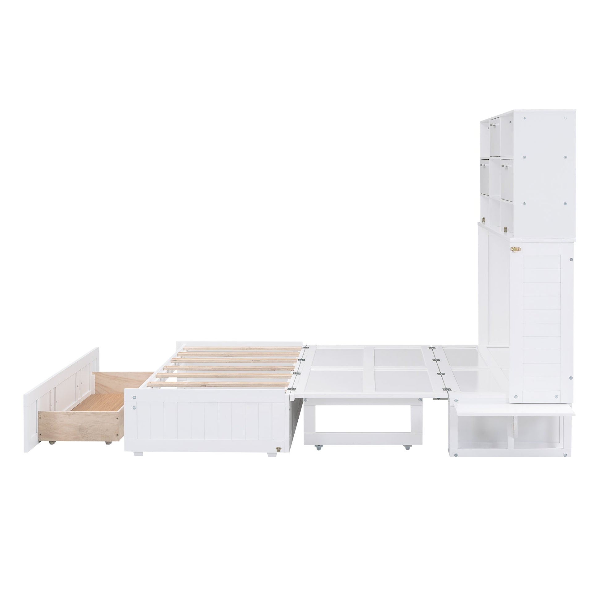 ueen Size Murphy Bed with Bookcase, Bedside Shelves and a Big Drawer, White - Tampa Home & Garden Store