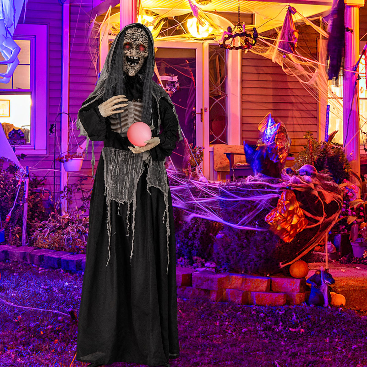 6ft Halloween animatronic witch in black robes with lit eyes and pink orb DirectDeals on Tampa Home & Garden Store
