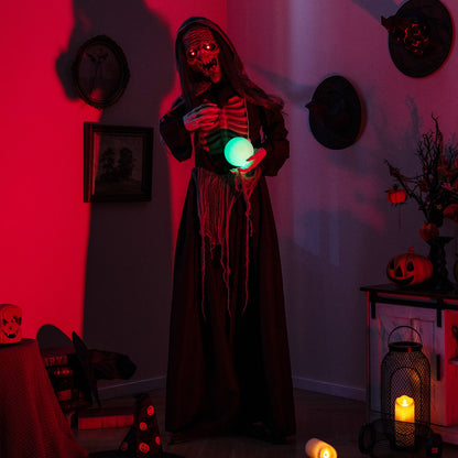 6ft Halloween Animatronic Standing Witch in hooded robe with glowing red eyes and green ball on Tampa Home & Garden Store