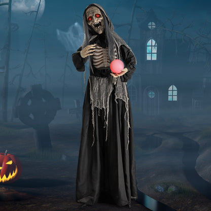 6ft Halloween animatronic witch with red lit eyes and pink ball in black robe DirectDeals on Tampa Home & Garden Store