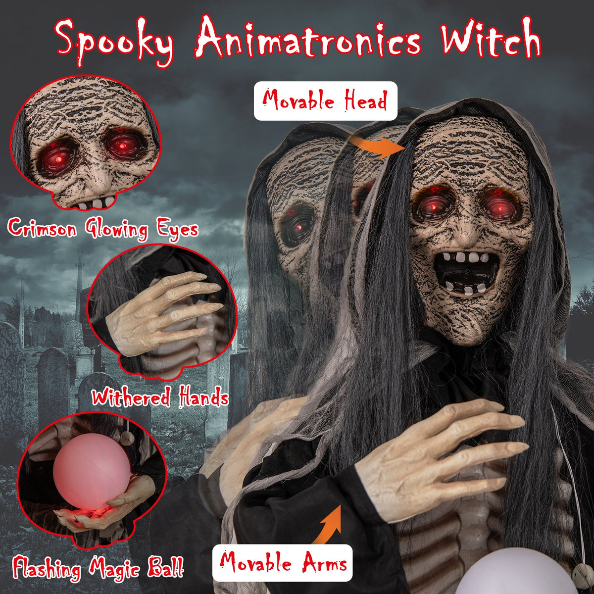 6ft Halloween Animatronic Standing Witch DirectDeals with crimson glowing eyes and magical ball on Tampa Home & Garden Store