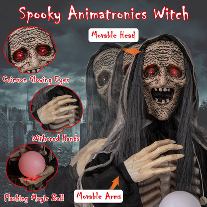 6ft Halloween Animatronic Standing Witch DirectDeals with crimson glowing eyes and magical ball on Tampa Home & Garden Store
