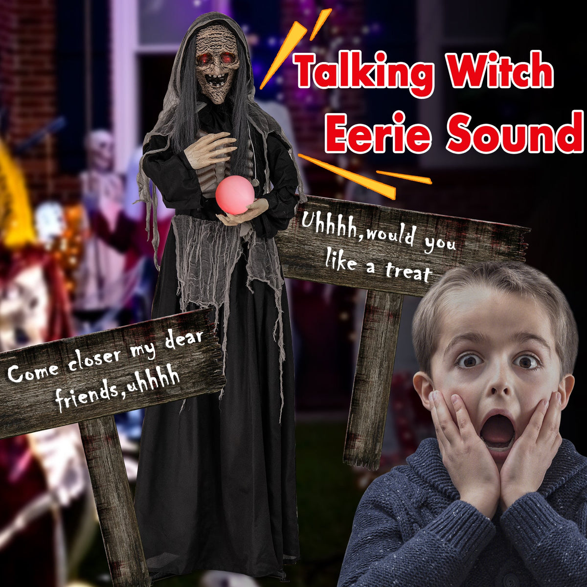 6ft DirectDeals Halloween standing witch with light-up eyes and pink magic ball on Tampa Home & Garden Store