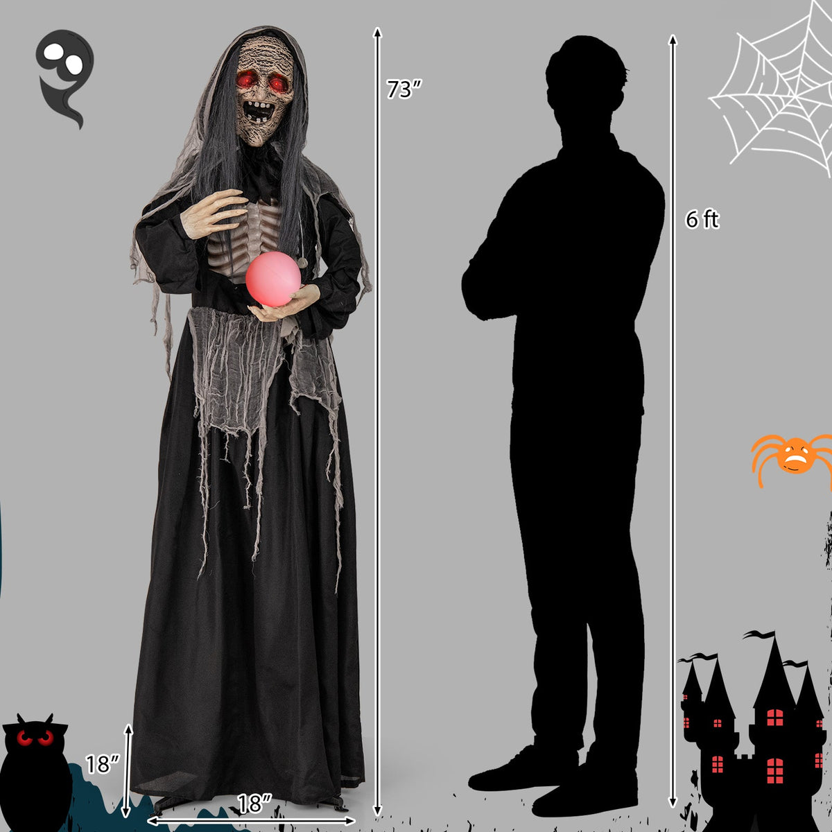 6ft Halloween Animatronic Standing Witch with light-up red eyes and pink ball DirectDeals on Tampa Home & Garden Store