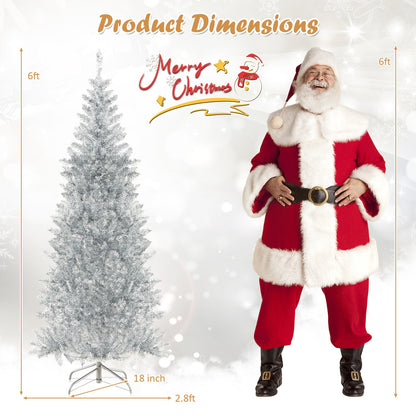 6/7 FT Pre-Lit Artificial Silver Tinsel Xmas Tree with 790 Branch Tips and 300 LED Lights