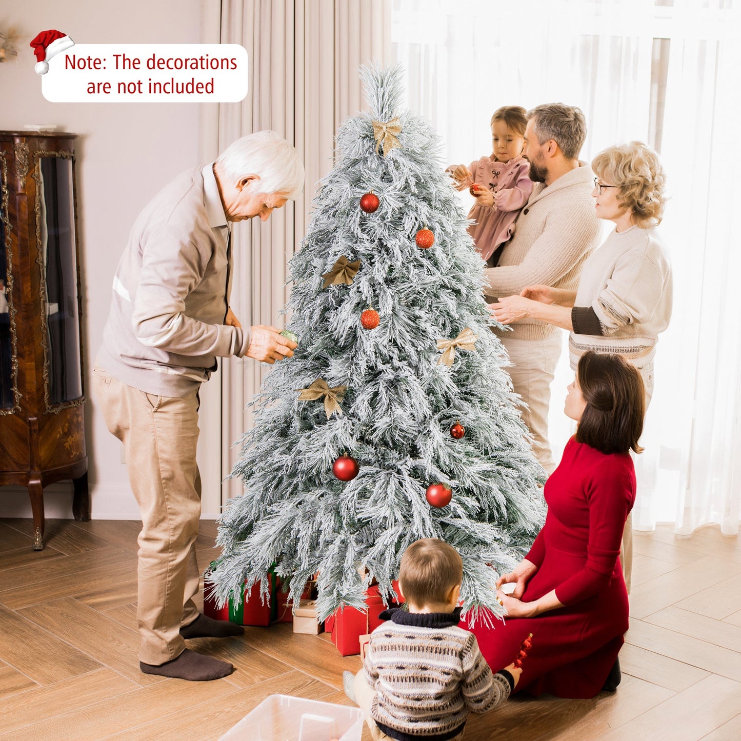 4.5/6/7 Feet Pre-Lit Snow Flocked Christmas Tree with Warm White LED Lights