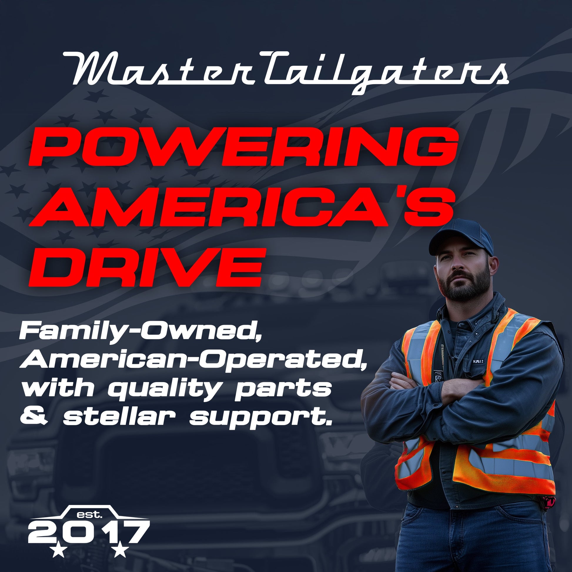 Exterior door handles banner by Master Tailgaters with patriotic graphics and safety gear on Tampa Home & Garden Store