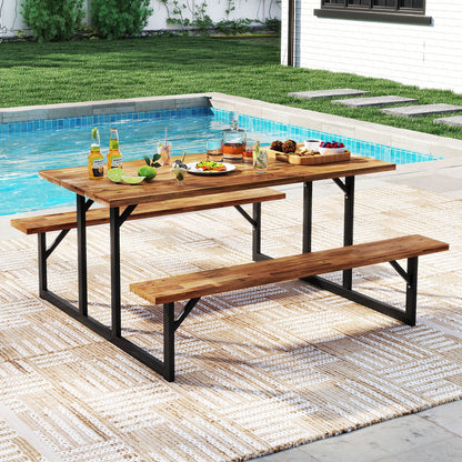 Mesa de pícnic de madera de acacia para 6 personas con 2 bancos incorporados