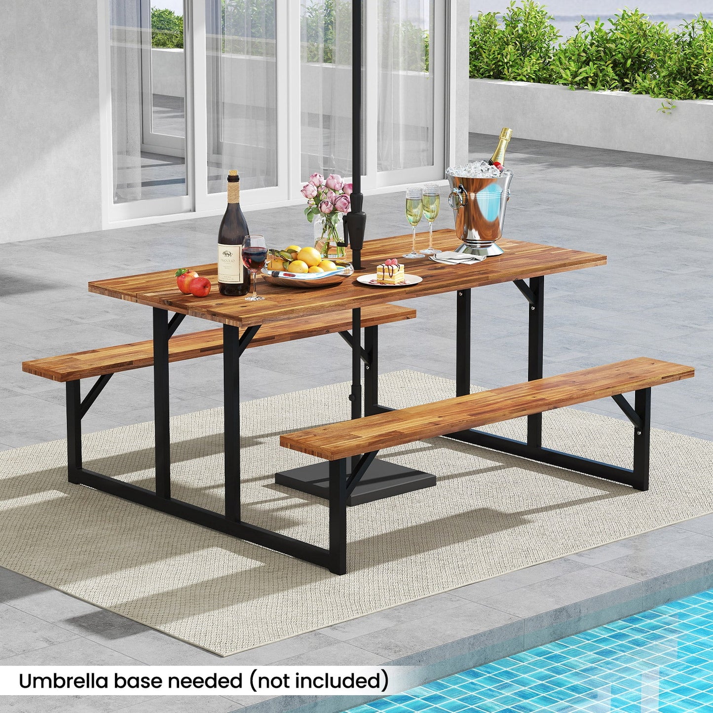 Mesa de pícnic de madera de acacia para 6 personas con 2 bancos incorporados