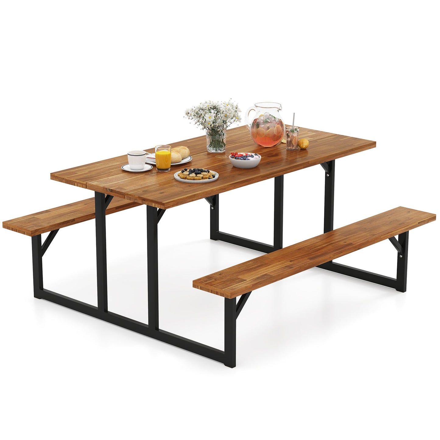 Mesa de pícnic de madera de acacia para 6 personas con 2 bancos incorporados