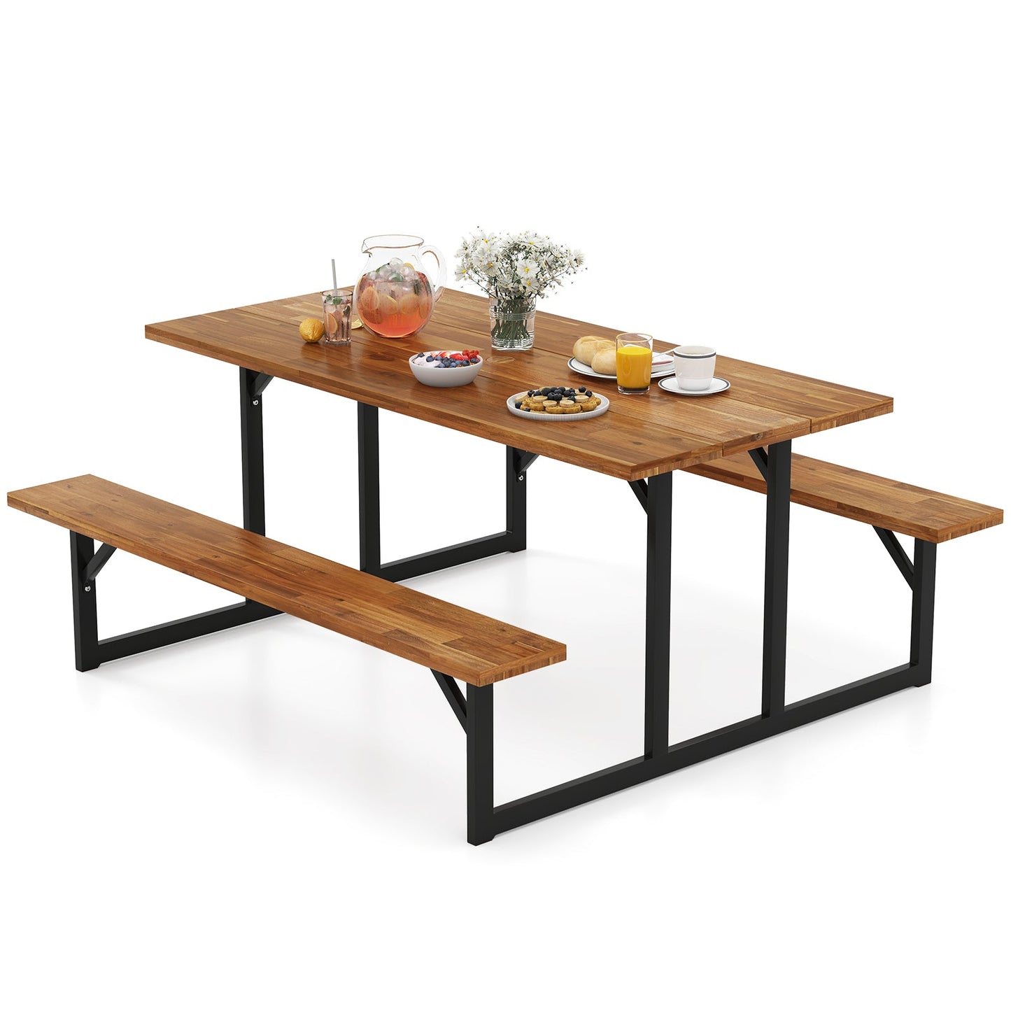 Mesa de pícnic de madera de acacia para 6 personas con 2 bancos incorporados