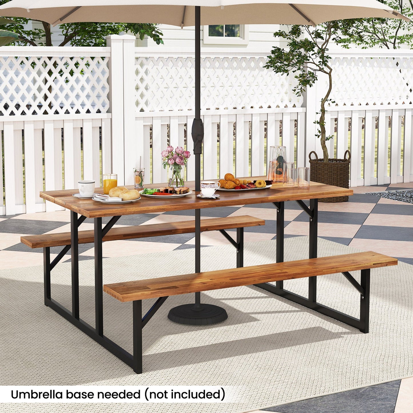 Mesa de pícnic de madera de acacia para 6 personas con 2 bancos incorporados
