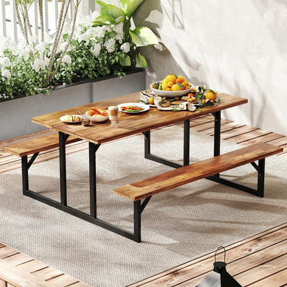 Mesa de pícnic de madera de acacia para 6 personas con 2 bancos incorporados