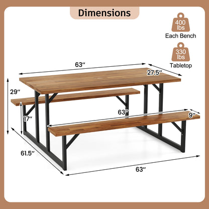 Mesa de pícnic de madera de acacia para 6 personas con 2 bancos incorporados