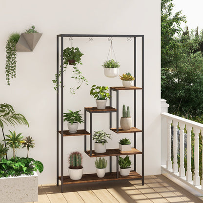 Estantería alta de metal para plantas de 6 niveles y 180 cm con 10 ganchos para colgar - Marrón rústico