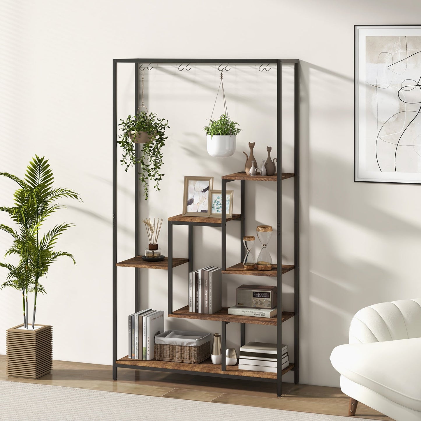 Estantería alta de metal para plantas de 6 niveles y 180 cm con 10 ganchos para colgar - Marrón rústico