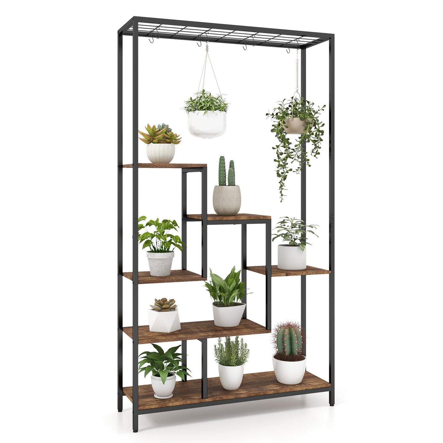 Estantería alta de metal para plantas de 6 niveles y 180 cm con 10 ganchos para colgar - Marrón rústico