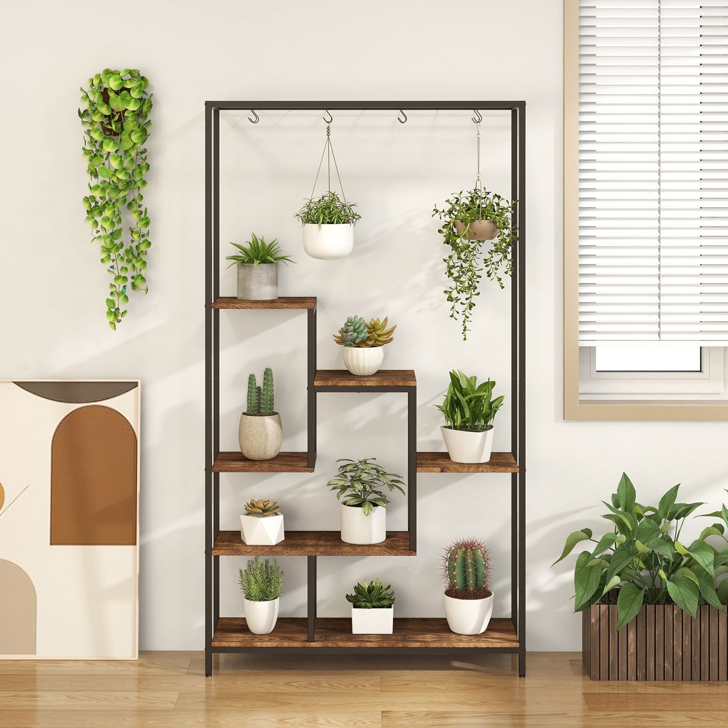 Estantería alta de metal para plantas de 6 niveles y 180 cm con 10 ganchos para colgar - Marrón rústico