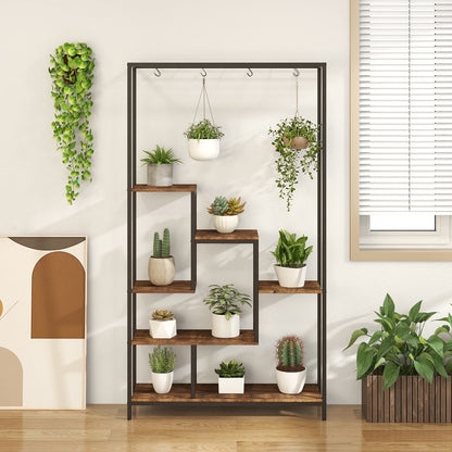 Estantería alta de metal para plantas de 6 niveles y 180 cm con 10 ganchos para colgar - Marrón rústico