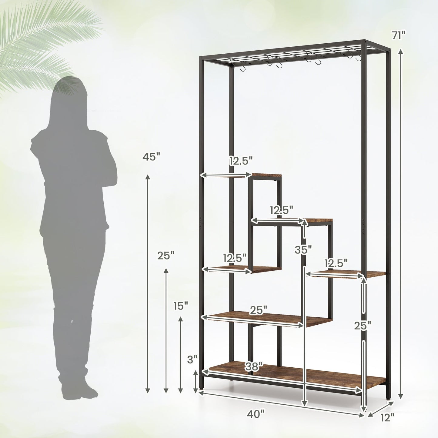 Estantería alta de metal para plantas de 6 niveles y 180 cm con 10 ganchos para colgar - Marrón rústico