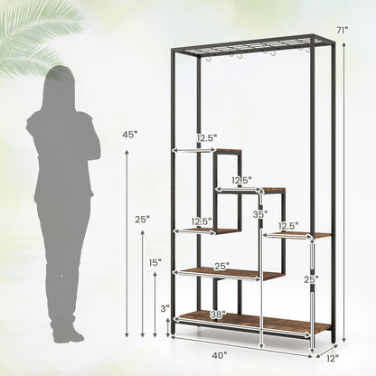 Estantería alta de metal para plantas de 6 niveles y 180 cm con 10 ganchos para colgar - Marrón rústico