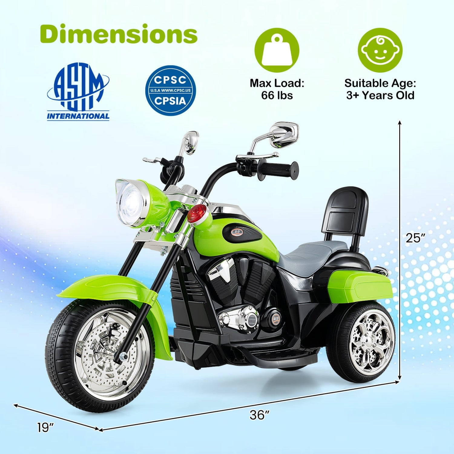 3-wheel electric ride-on motorcycle for toddlers in bright green with black seat on Tampa Home & Garden Store