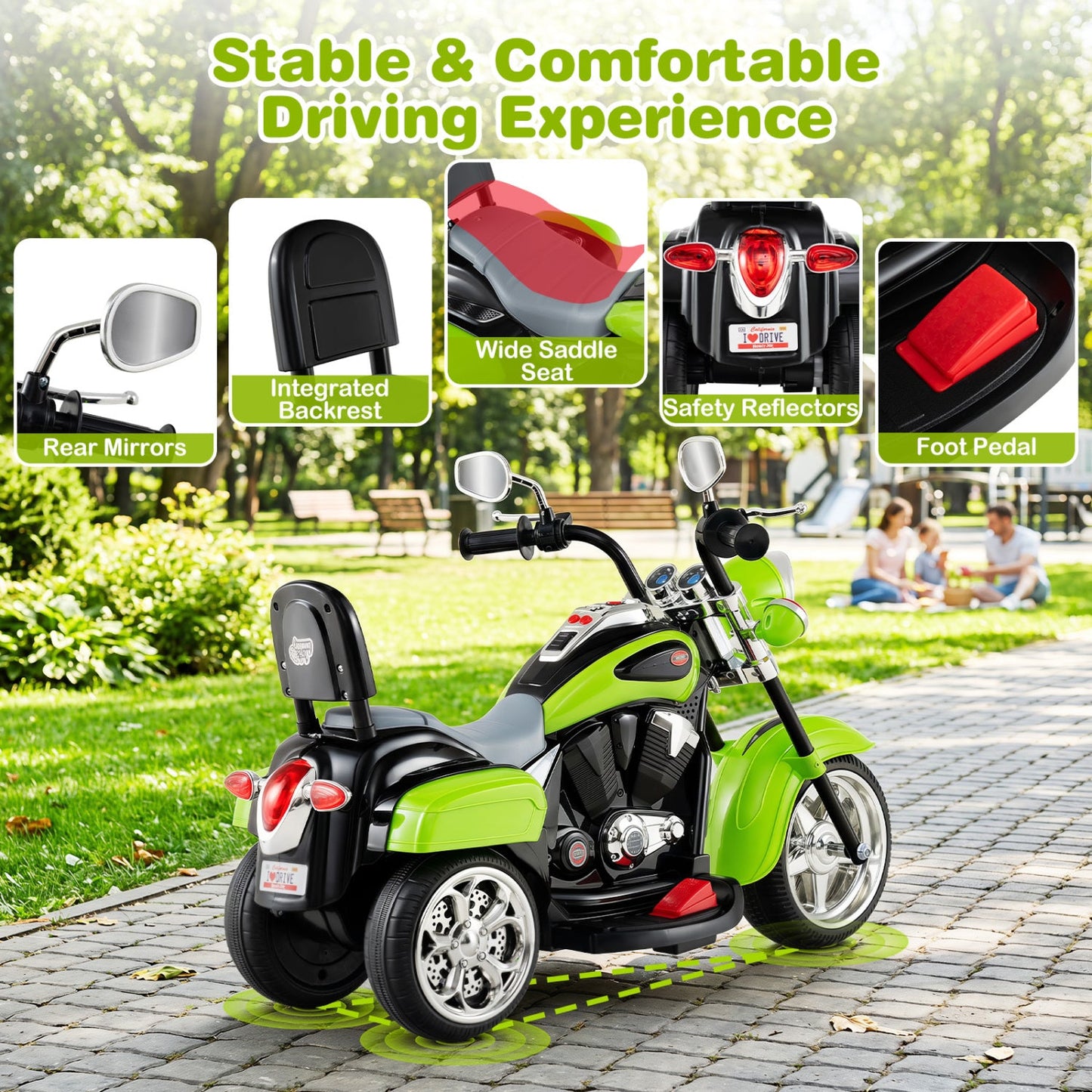 3-Wheel Electric Motorcycle Ride-On Toy by DirectDeals, green and black for toddlers 3+ on Tampa Home & Garden Store