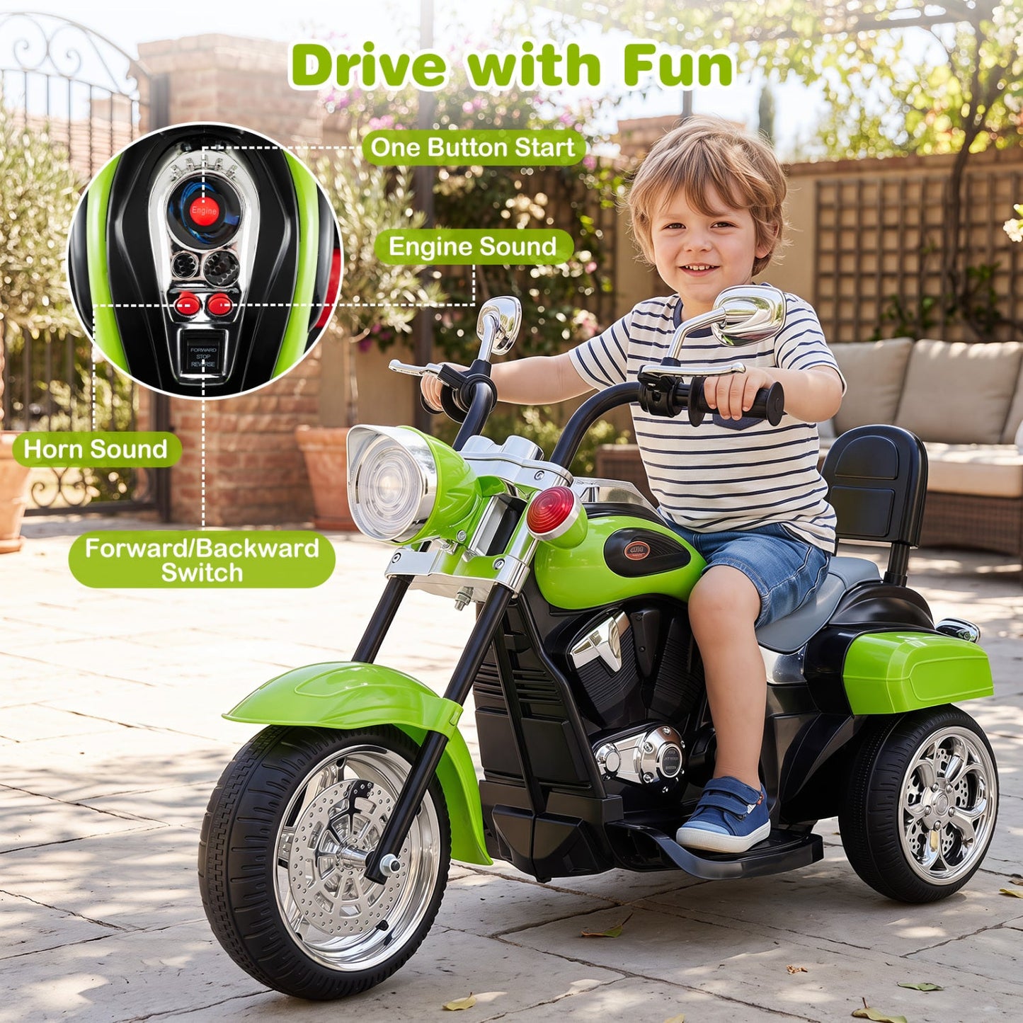 DirectDeals lime-green 3-wheel electric toddler ride-on motorcycle with chrome handlebars on Tampa Home & Garden Store