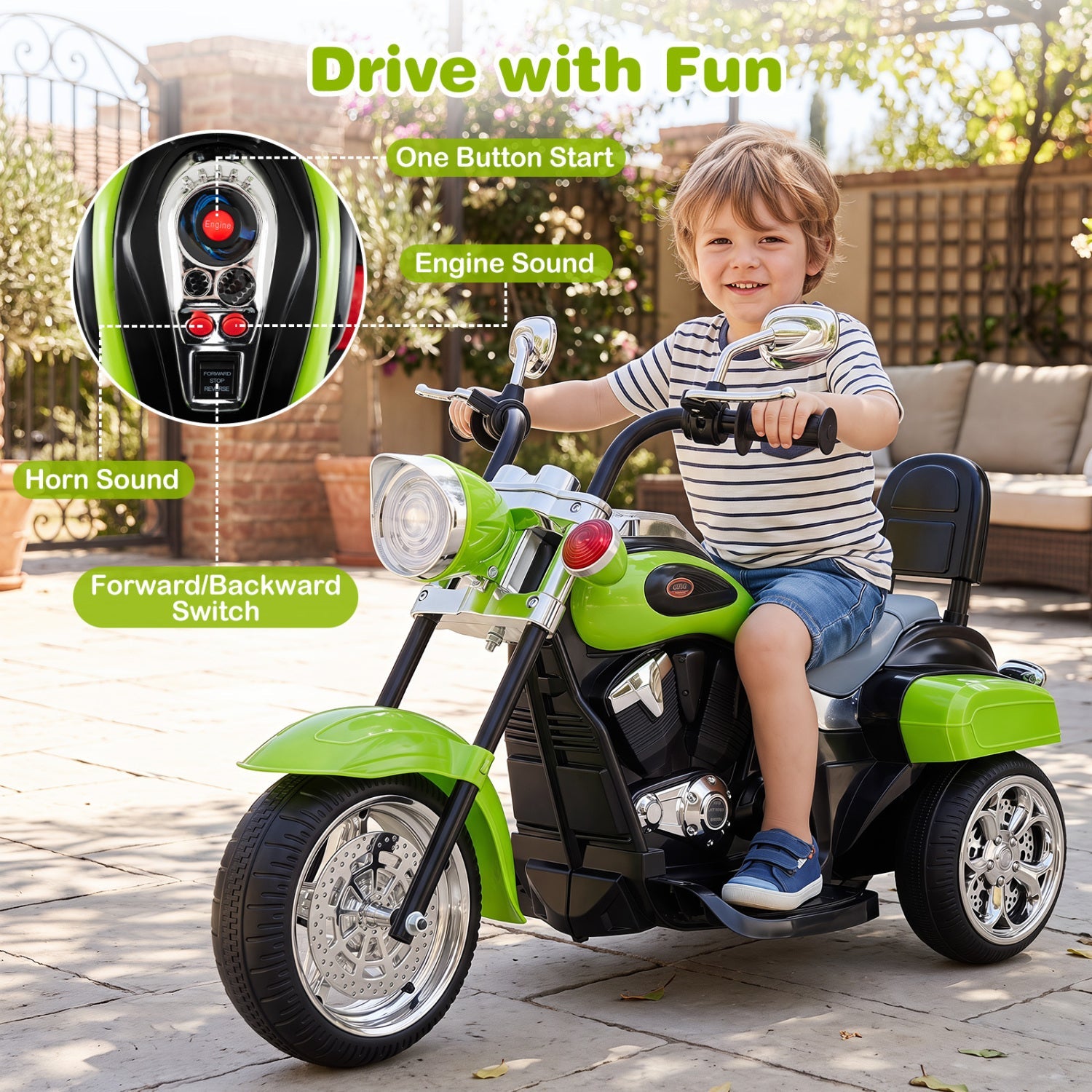 DirectDeals lime-green 3-wheel electric toddler ride-on motorcycle with chrome handlebars on Tampa Home & Garden Store