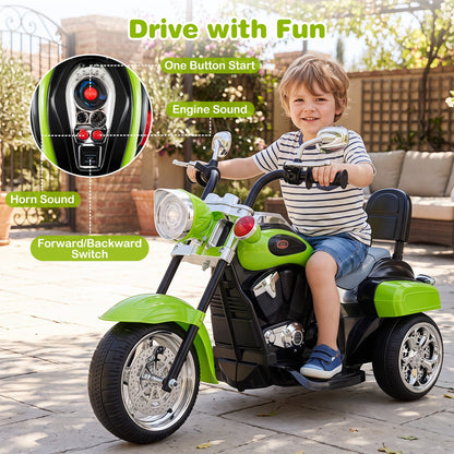 DirectDeals lime-green 3-wheel electric toddler ride-on motorcycle with chrome handlebars on Tampa Home & Garden Store