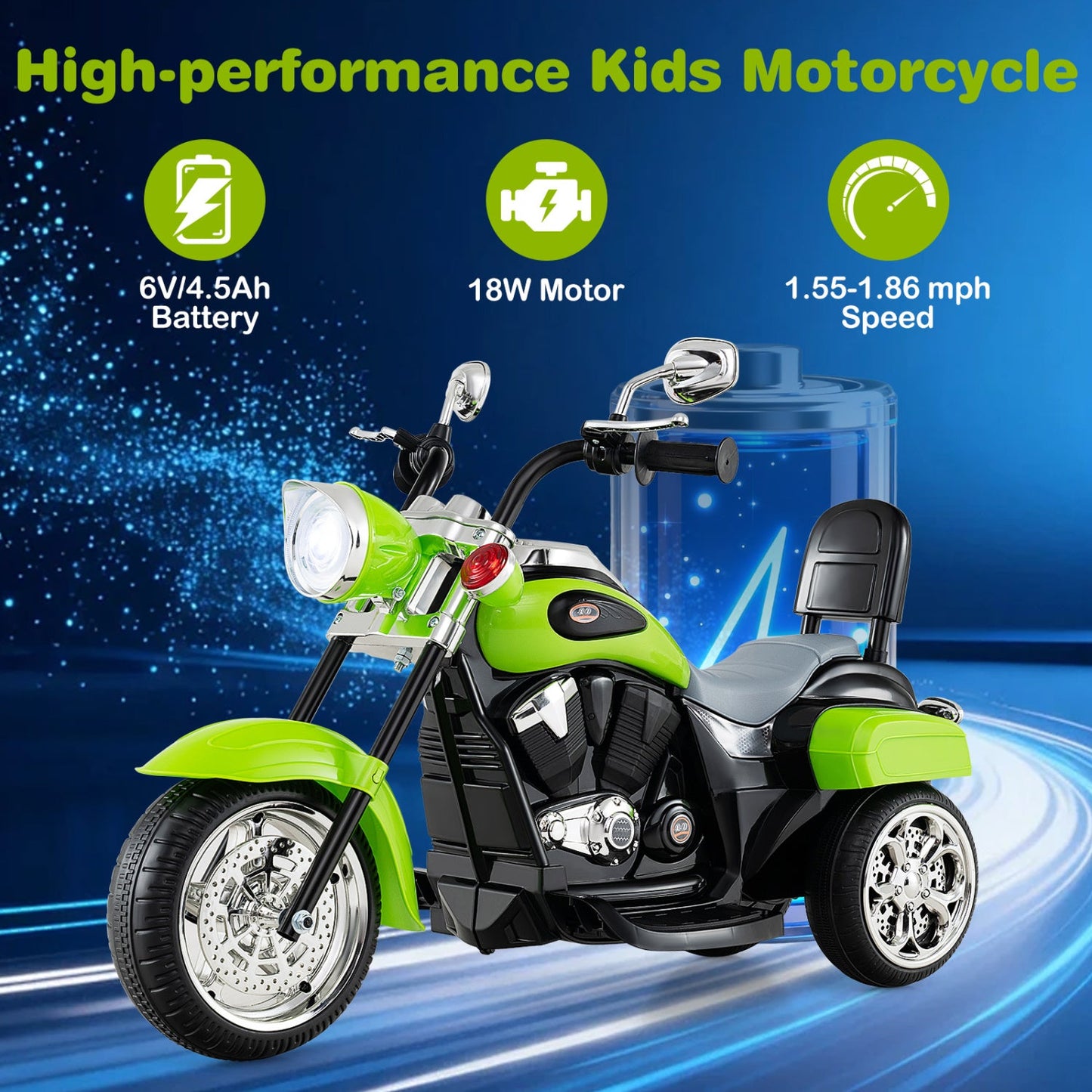 3-wheel electric kids motorcycle ride-on toy lime green with chrome accents DirectDeals on Tampa Home & Garden Store