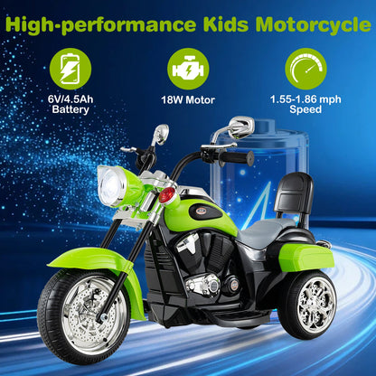 3-wheel electric kids motorcycle ride-on toy lime green with chrome accents DirectDeals on Tampa Home & Garden Store