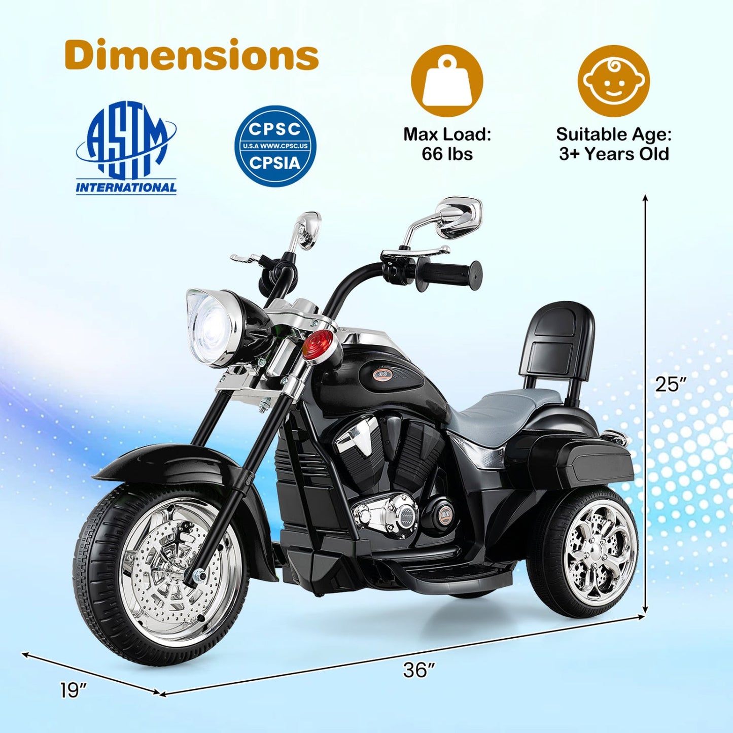 3-Wheel Electric Motorcycle Ride-On Toy by DirectDeals, black with chrome accents on Tampa Home & Garden Store