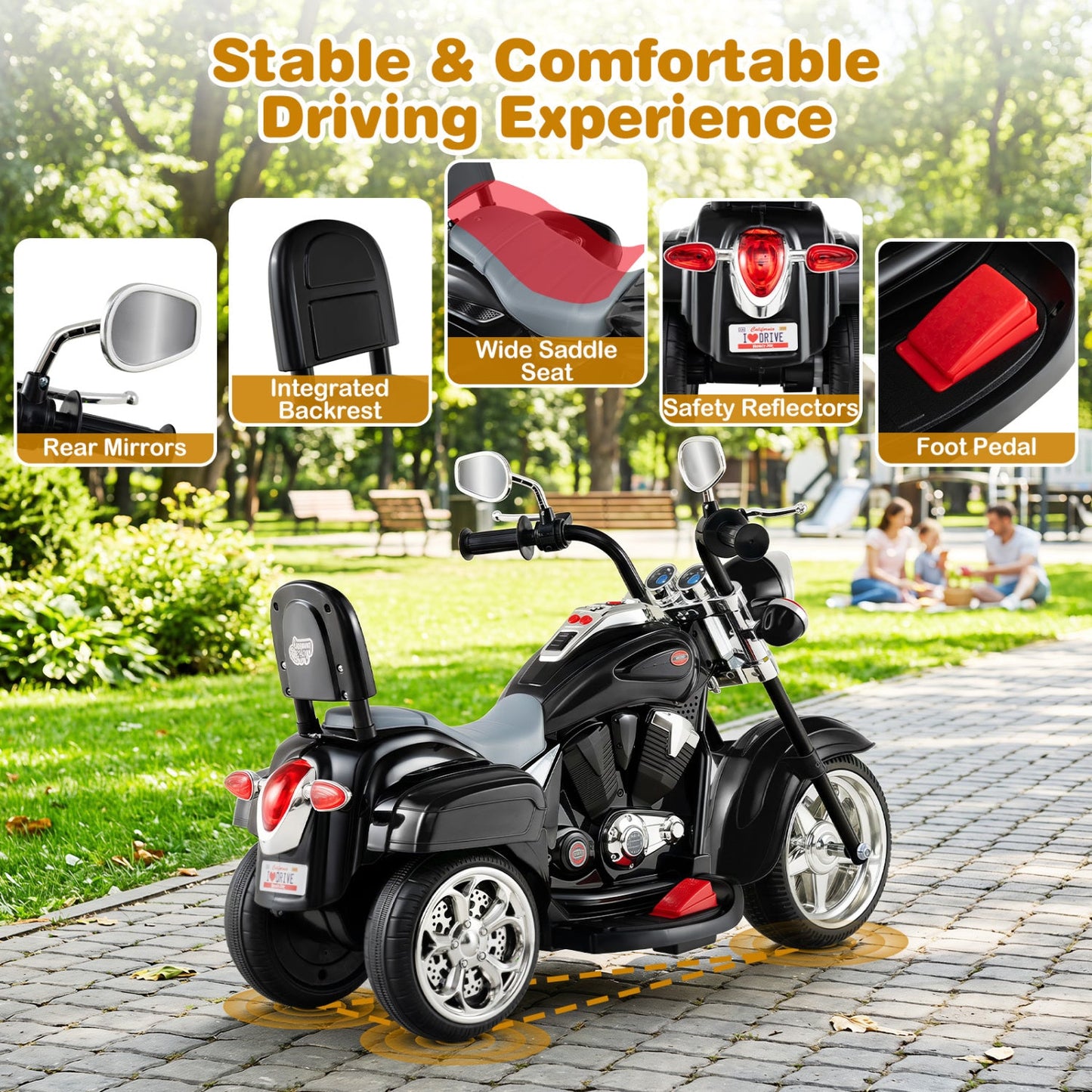 3-Wheel Electric Motorcycle Ride-On Toy for Toddlers, black with chrome mirrors and red foot pedal on Tampa Home & Garden Store