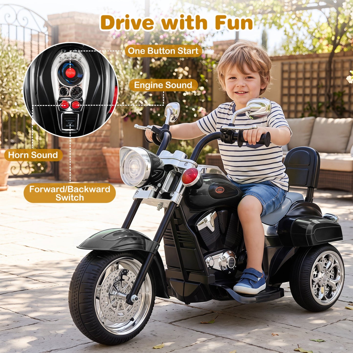 3-Wheel Electric Ride-On Toy motorcycle, DirectDeals, black with chrome, for toddlers on Tampa Home & Garden Store