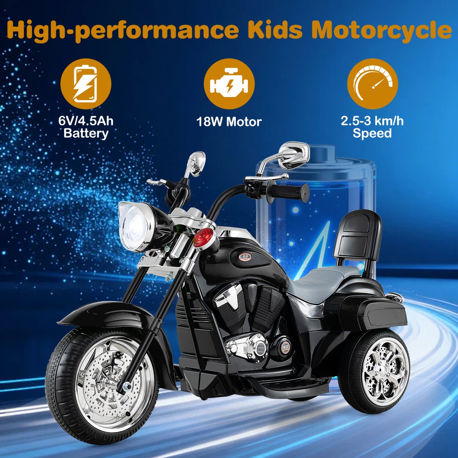 3-Wheel Electric Motorcycle Ride-On Toy DirectDeals 3+ black with chrome handlebars on Tampa Home & Garden Store
