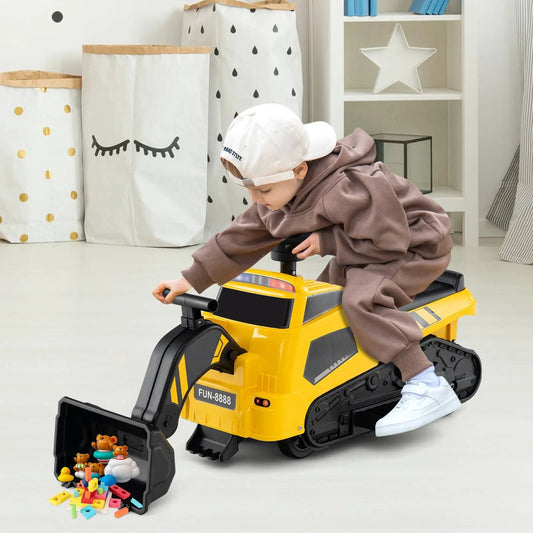 6V ride-on tractor with front loader bucket, yellow and black, child riding indoors on Tampa Home & Garden Store