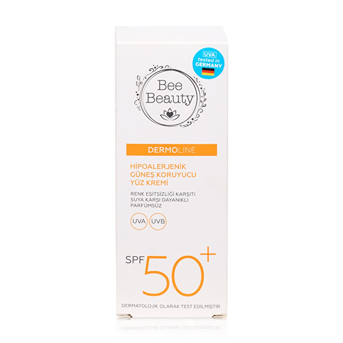 Bee Beauty Face Cream SPF50+ hypoallergenic sunscreen in box with orange Dermoline label on Tampa Home & Garden Store