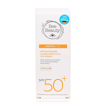 Bee Beauty Face Cream SPF50+ hypoallergenic sunscreen in box with orange Dermoline label on Tampa Home & Garden Store