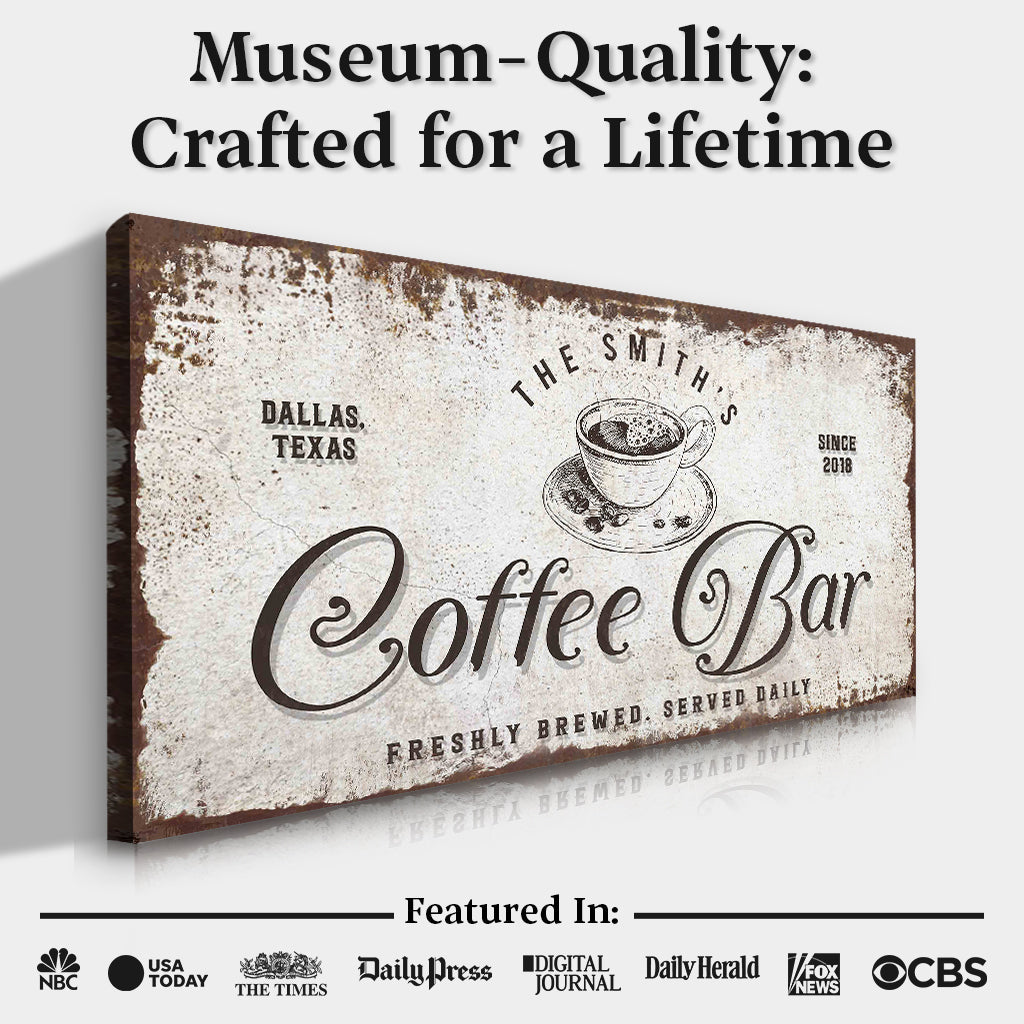 Coffee Bar Sign canvas by Tailored Canvases in rustic distressed brown, coffee cup illustration on Tampa Home & Garden Store