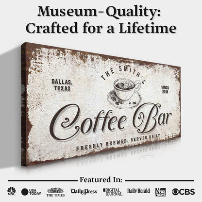 Coffee Bar Sign canvas by Tailored Canvases in rustic distressed brown, coffee cup illustration on Tampa Home & Garden Store