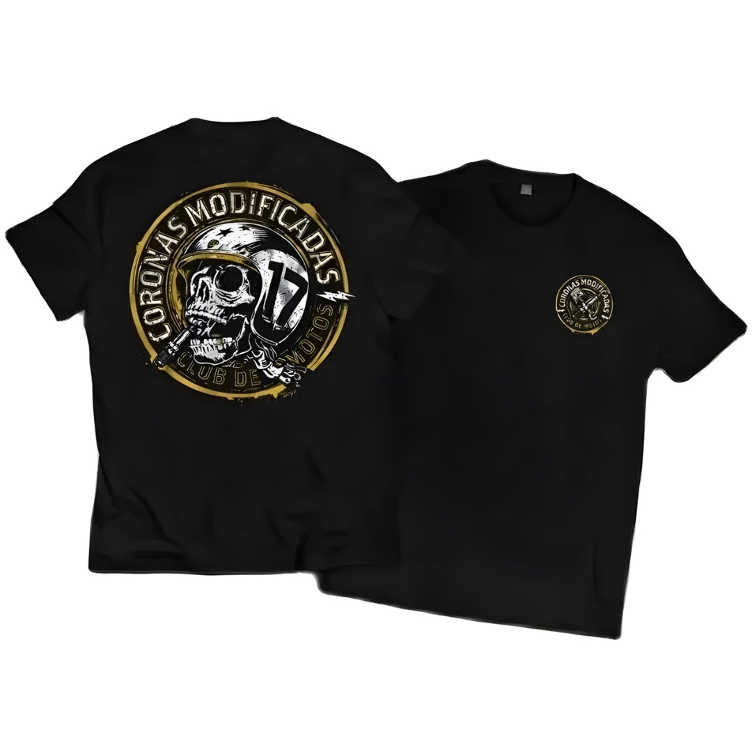 Two black BikerZoneZ cotton tees with retro skull back graphic and front logo on Tampa Home & Garden Store