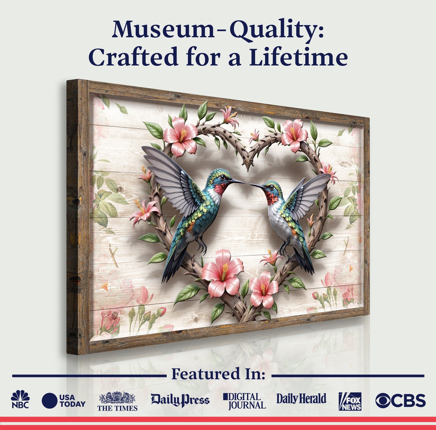 3D Hummingbirds Wall Art II canvas with two birds on a wood frame and pink flowers on Tampa Home & Garden Store