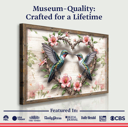 3D Hummingbirds Wall Art II canvas with two birds on a wood frame and pink flowers on Tampa Home & Garden Store